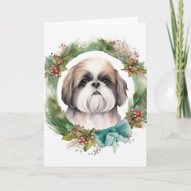 Cartão Grinalda de Natal do Shih Tzu Cachorro Festivo (Frente)