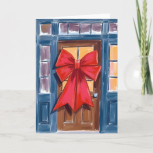 Cartão Grinalda de porta de Natal com laço vermelho aquar