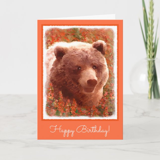 Cartão Grizzly Bear Cub in Fireweed Painting Wildlife Art (Frente)