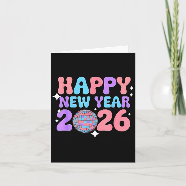 Cartão Groovy Cute Happy New Year 2026 Disco Ball  (Frente)