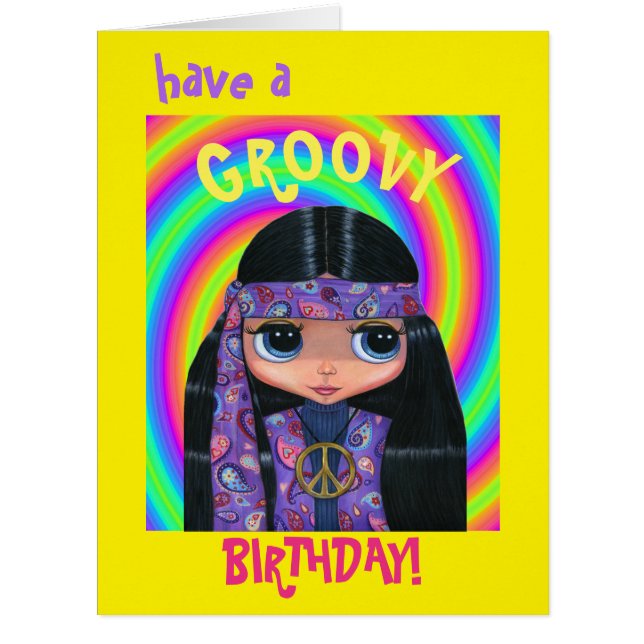 Cartão Groovy Hippie Girl with Peace Sign in Purple Cute (Frente)