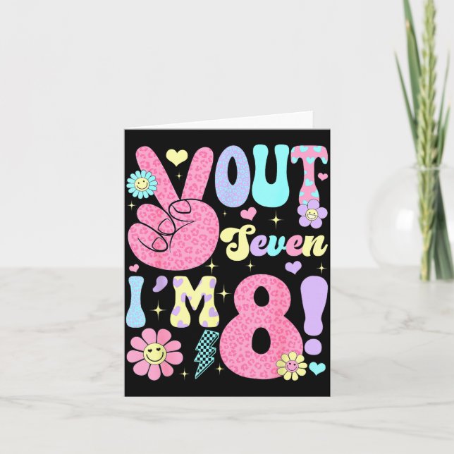 Cartão Groovy Paz Lá Vou Sete Eu Tenho 8 Anos 8º Aniversá (Frente)