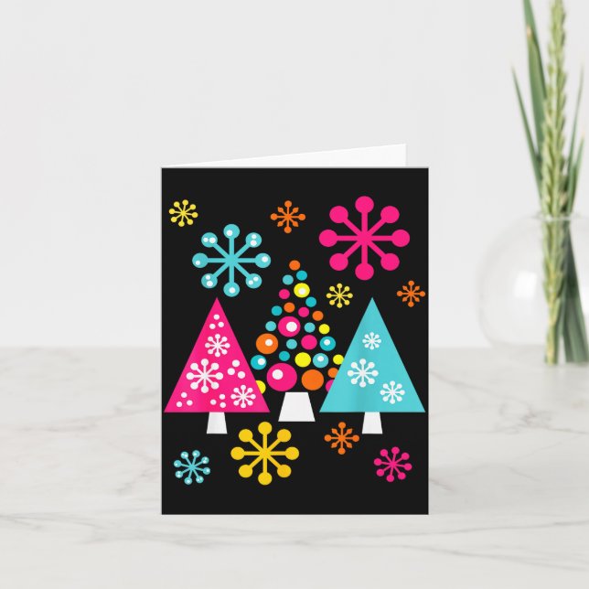 Cartão Groovy Retro Christmas Trees And Snowflakes  (Frente)