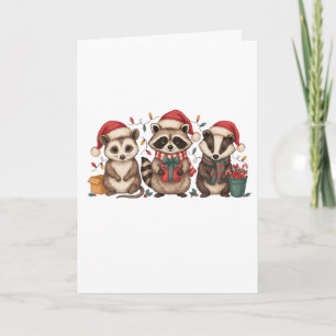 Cartão Guaxinim Gambá Panda Chapéu de Papai Noel de Natal