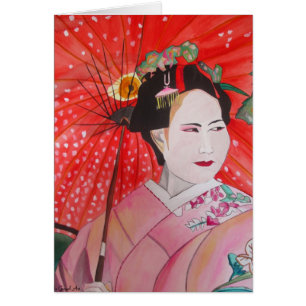 Cartão Gueixa japonesa com arte vermelha do original do