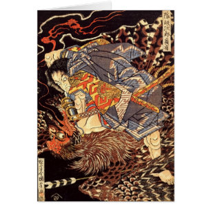Cartão Guerreiro Japonês e Pássaro Demon