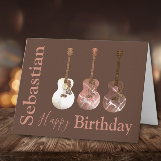 Cartão Guitarras Acústicas Clássicas Personalizadas Russo (Rustic acoustic guitar personalized happy birthday greetings card for guitarists musicians and music)
