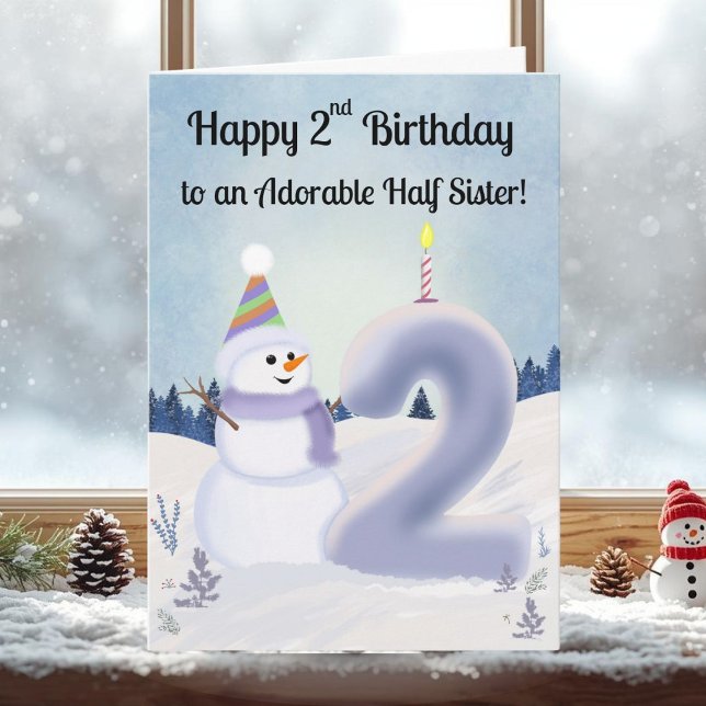 Cartão Half Sister Happy 2nd Birthday Snowman Building (Criador carregado)