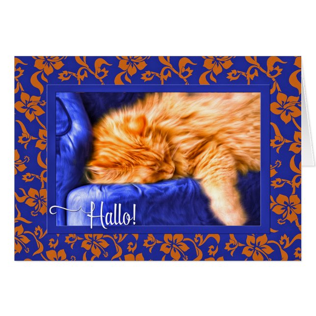 Cartão Hallo! Laranja de língua alemã Tabby Cat Blue (Frente Horizontal)