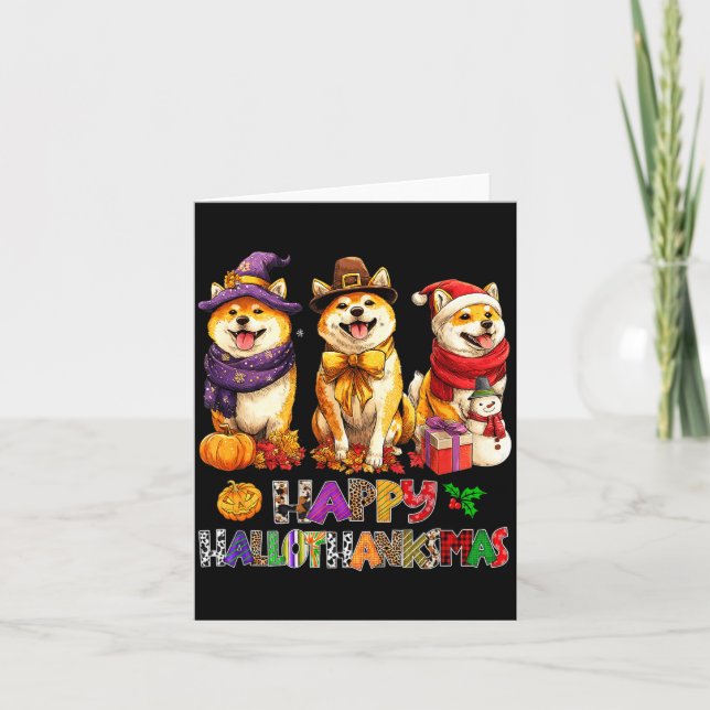 Cartão Hallothanksmas Shiba Dogs Halloween Christmas Pump (Frente)