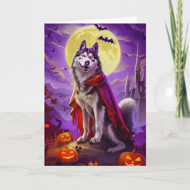 Cartão Halloween Alaskan Malamute Vampire Pumpkins assust (Frente)