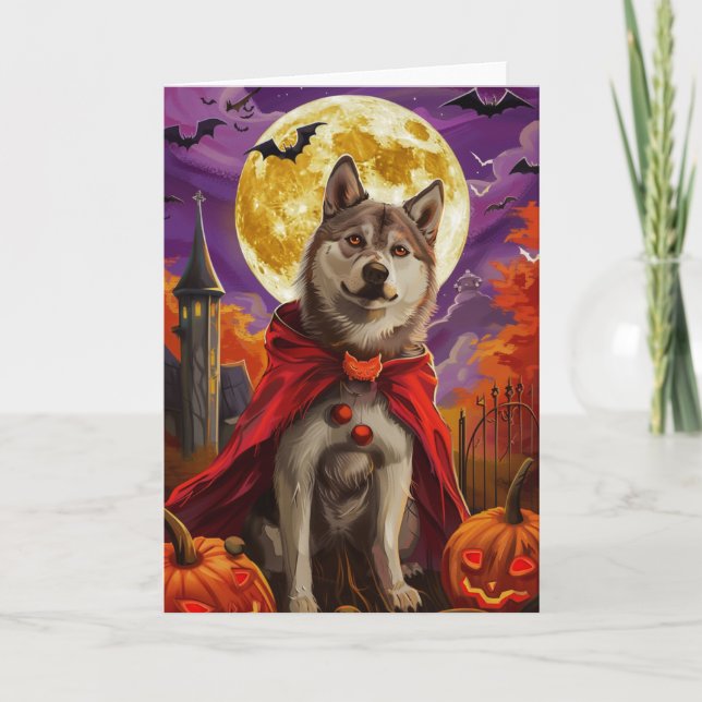 Cartão Halloween American Akita Vampire Pumpkins Scary (Frente)