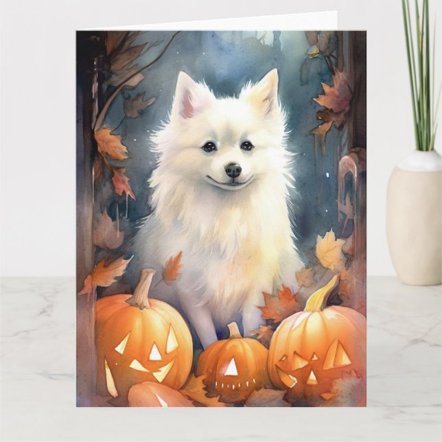 Cartão Halloween American Eskimo Com Abóboras Assustador (Frente)