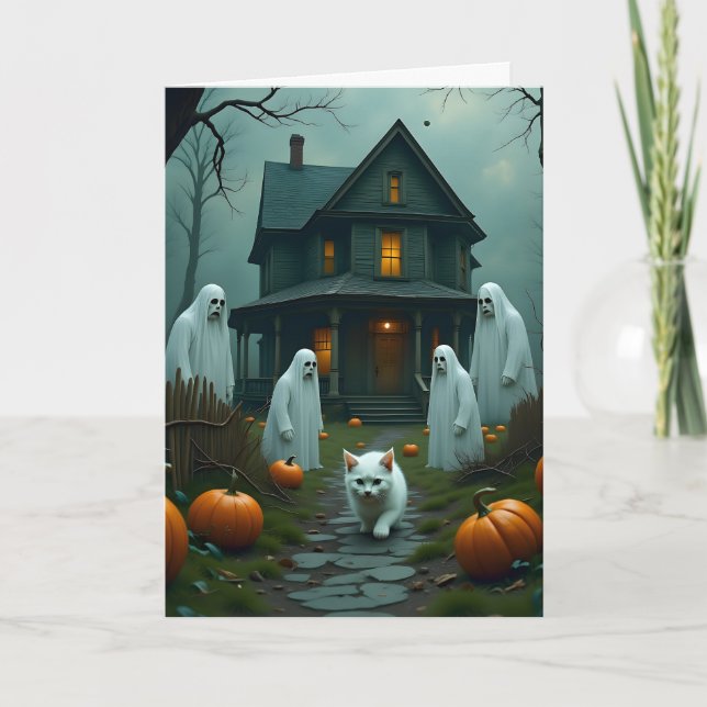 Cartão Halloween and the White Kitten (Frente)
