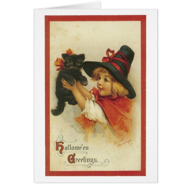 Cartão Halloween antigo, bruxa com gato preto (Frente)