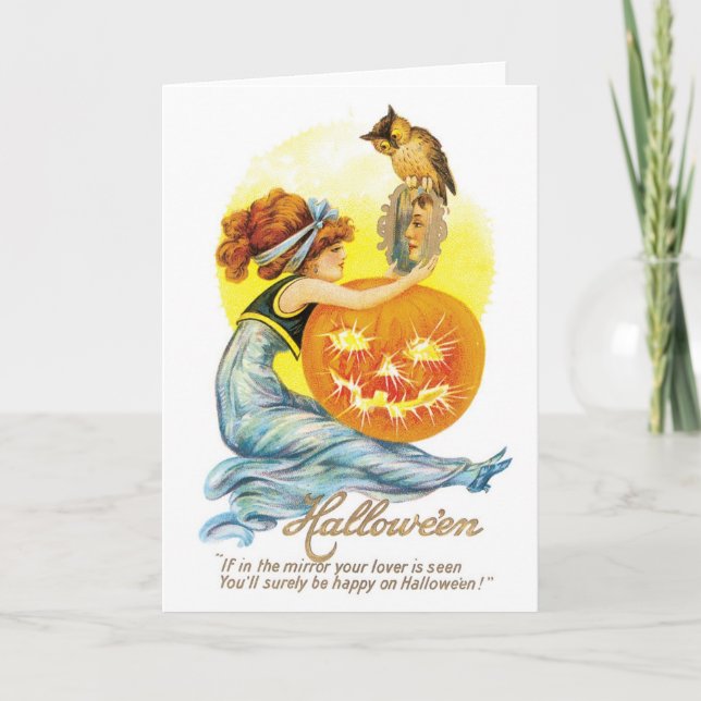 Cartão Halloween antigo, Garota com Coruja (Frente)