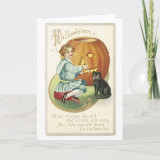 Cartão Halloween antigo, Garota com gato preto