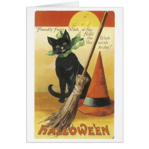 Cartão Halloween antigo, gato negro