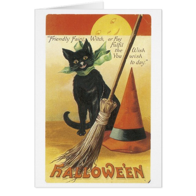 Cartão Halloween antigo, gato negro (Frente)