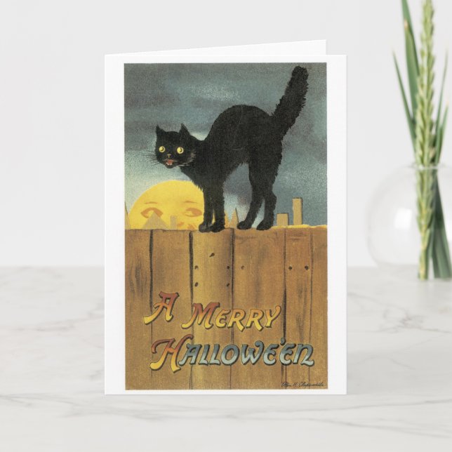 Cartão Halloween antigo, gato preto e lua de Cheio (Frente)
