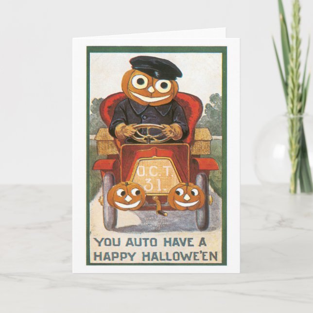 Cartão Halloween antigo, motorista de abóbora (Frente)