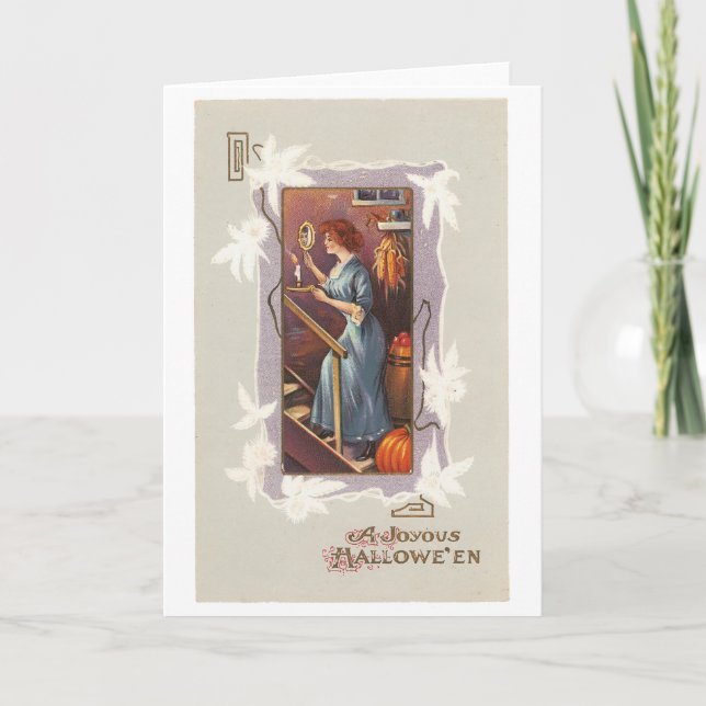 Cartão Halloween antiquado, senhora com espelho de mão (Frente)
