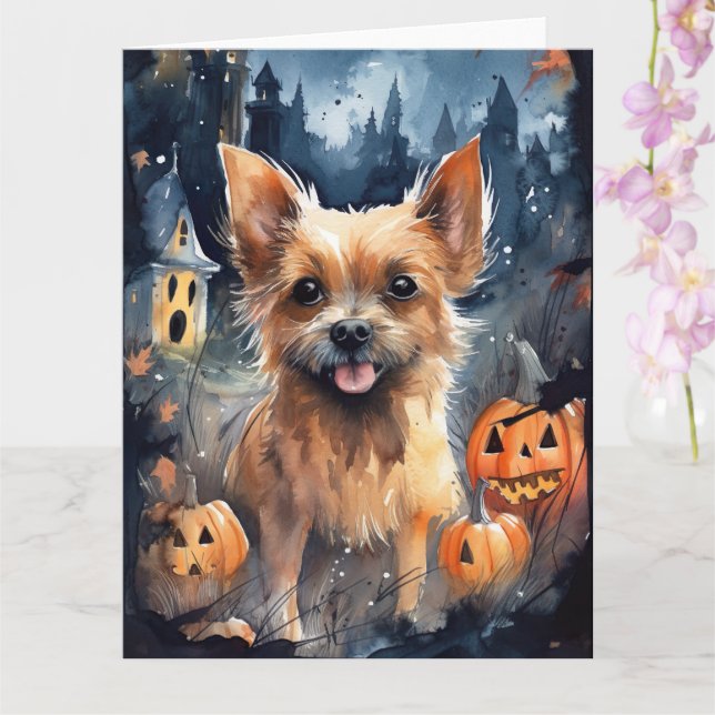 Cartão Halloween Australian Terrier Com Abóboras Assustad (Orquídea)