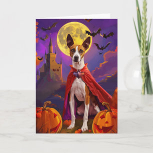 Cartão Halloween Basenji Dog Pumpkins assustado