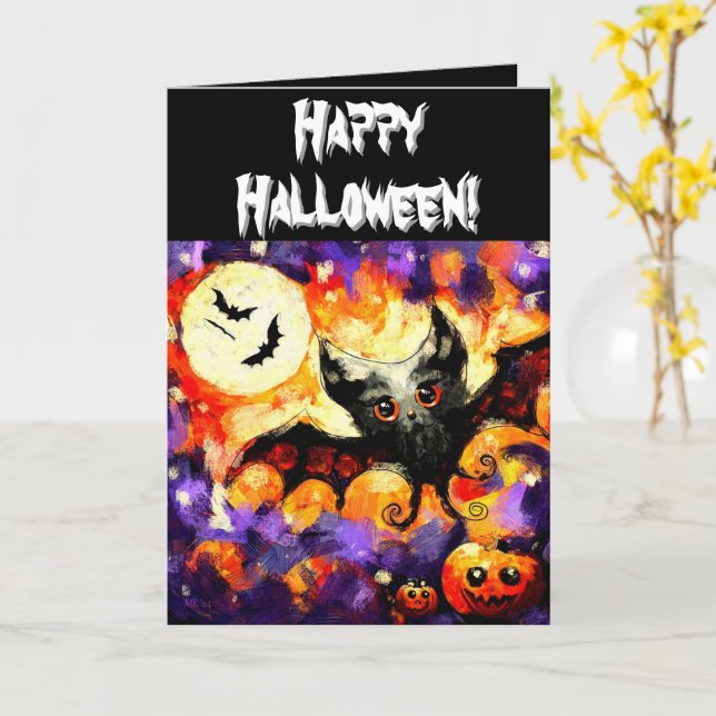 Cartão Halloween Bat & Jack-O-Lanterns Personalizado (Flor Amarela)