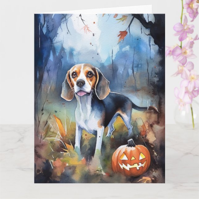 Cartão Halloween Beagle Com Pumpkins Assustado (Orquídea)