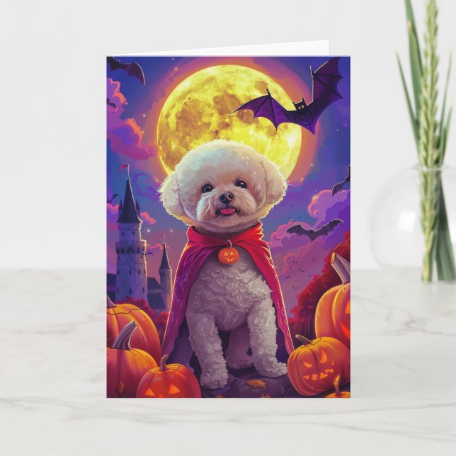 Cartão Halloween Bichon Frise Dog Pumpkins Assustado (Frente)