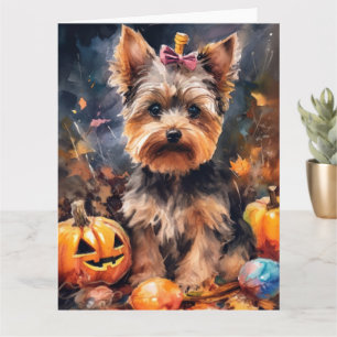 Cartão Halloween Biewer Terrier Com Pumpkins Assustado
