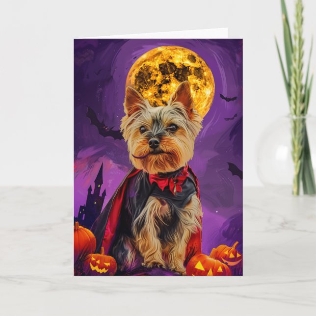 Cartão Halloween Biewer Terrier Dog Pumpkins assustado (Frente)