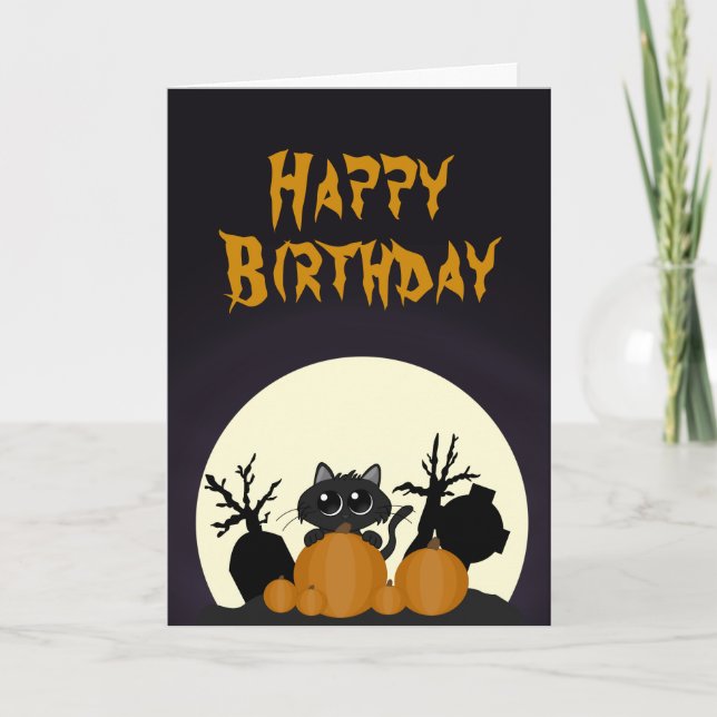 Cartão Halloween Birthday Black Cat Pumpkins Graveyard (Frente)