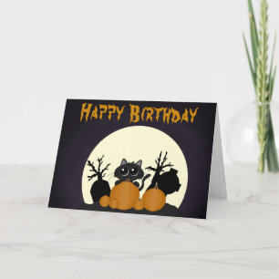 Cartão Halloween Birthday Black Cat Pumpkins Graveyard