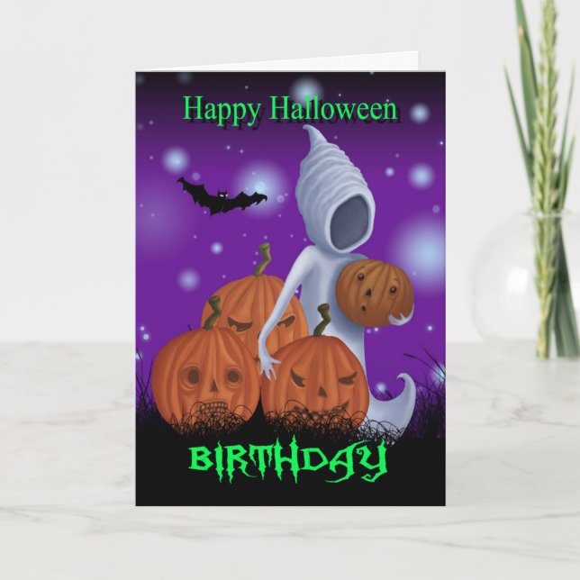 Cartão Halloween Birthday Ghost And Pumpkins (Frente)