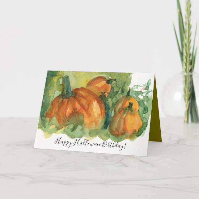 Cartão Halloween Birthday Pumpkin Patch Watercolor (Frente)
