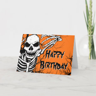Cartão Halloween Birthday Skeleton Spooky Orange Black