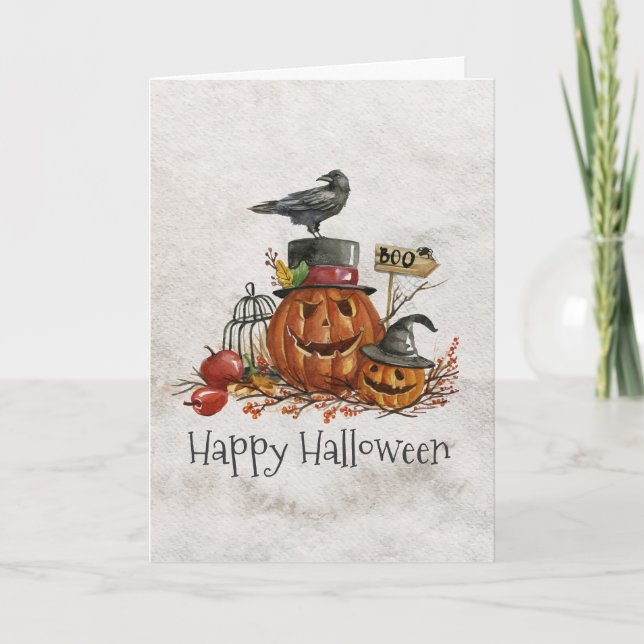 Cartão Halloween Black Bird and Pumpkins Greeting Card (Frente)