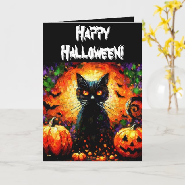 Cartão Halloween Black Cat & Jack-O-Lanterns Personalizad (Flor Amarela)
