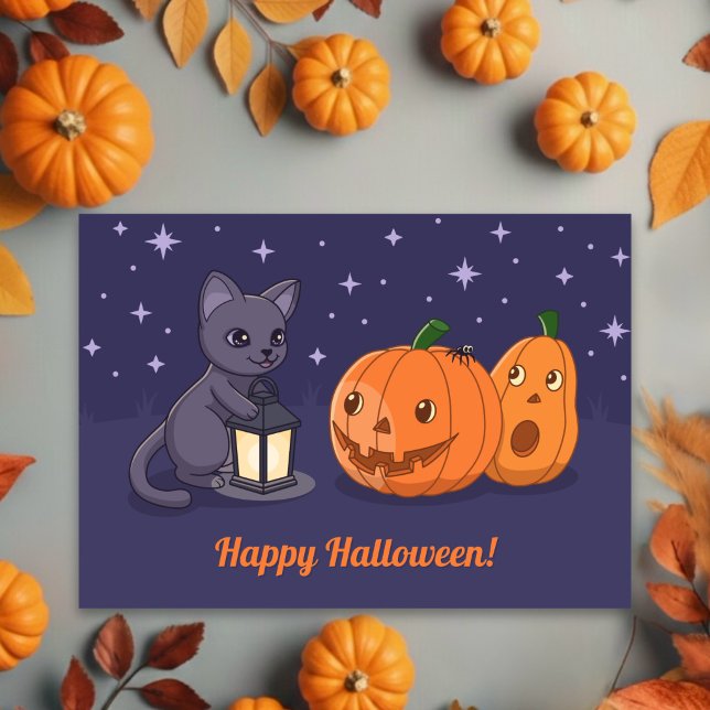 Cartão Halloween Black Cat, Pumpkins, Lantern on Purple (Criador carregado)