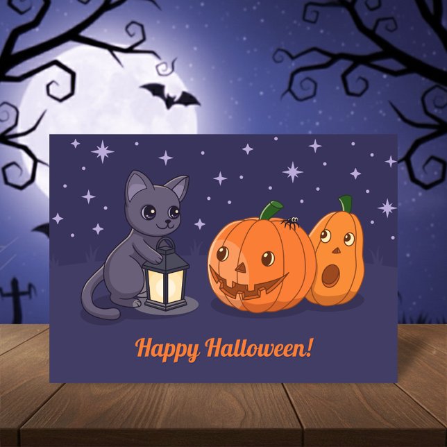 Cartão Halloween Black Cat, Pumpkins, Lantern on Purple (Criador carregado)