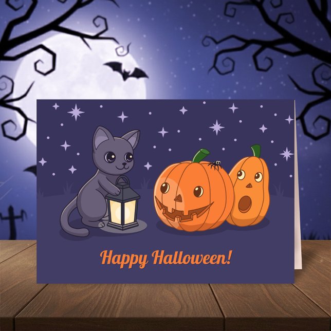 Cartão Halloween Black Cat Pumpkins Lantern Purple (Criador carregado)