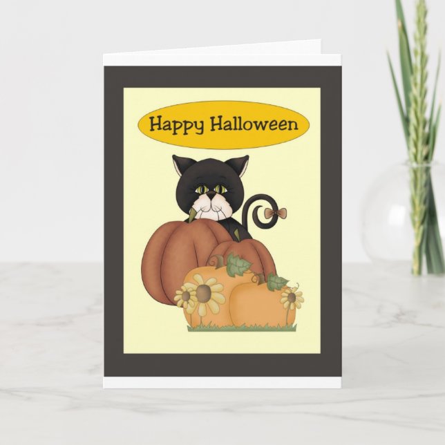 Cartão Halloween Black Cat with Pumpkins (Frente)