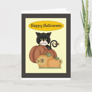 Cartão Halloween Black Cat with Pumpkins
