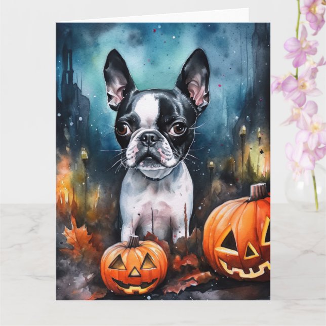Cartão Halloween Boston Terrier Com Pumpkins Assustado (Orquídea)