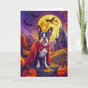 Cartão Halloween Boston Terrier Dog Pumpkins assustado