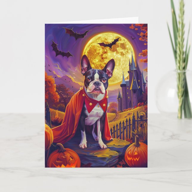 Cartão Halloween Boston Terrier Dog Pumpkins assustado (Frente)