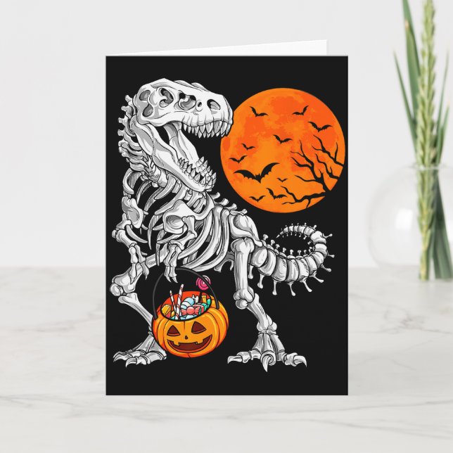 Cartão Halloween Boys Dinosaur Skeleton T Rex Y Pumpkin M (Frente)