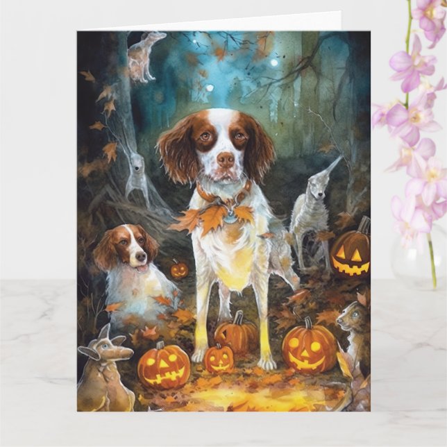 Cartão Halloween Brittany Spaniel Com Pumpkins Assustado (Orquídea)